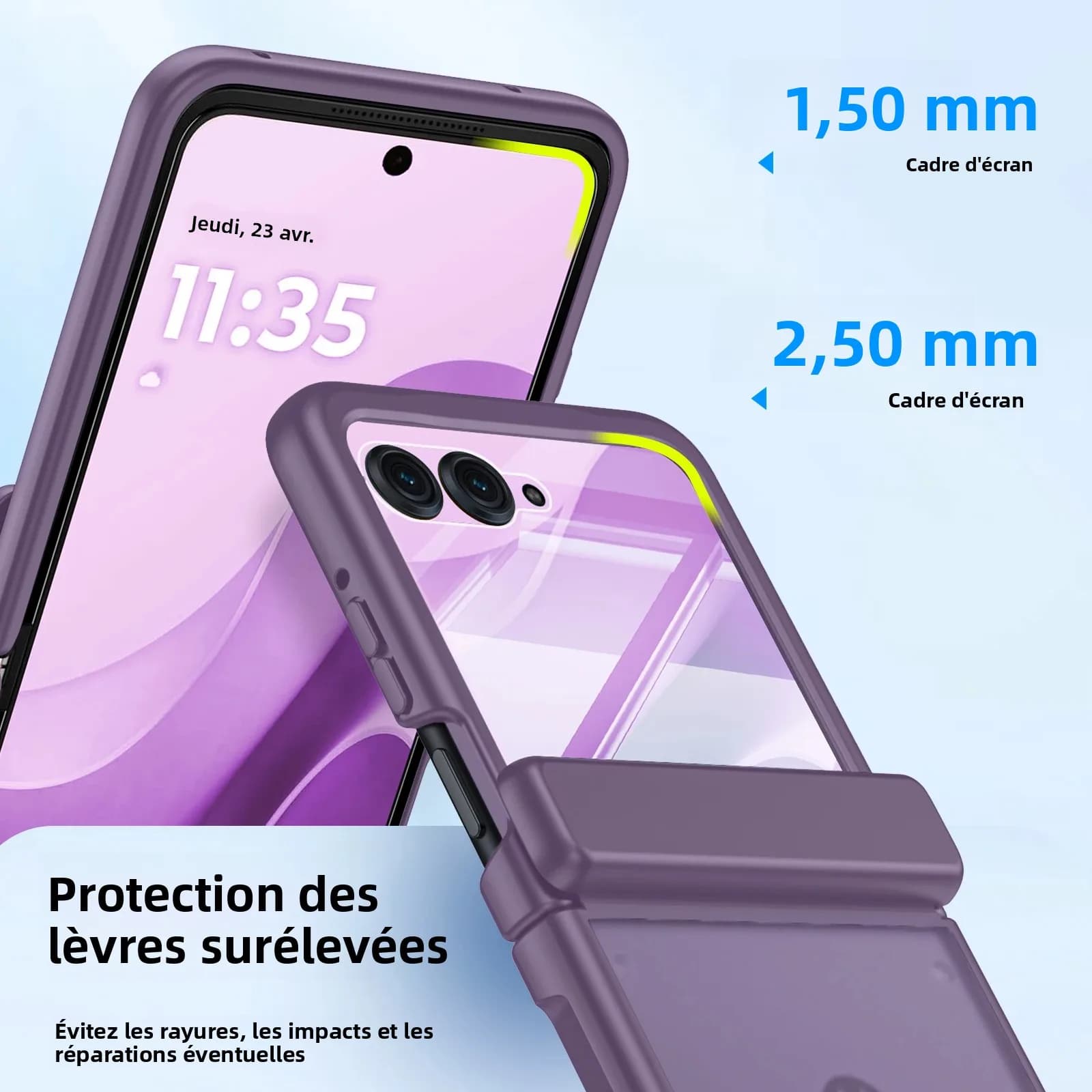 Soldes 618! Étui pour Moto Razr 50/60/70, protection anti-chute de qualité militaire, coque antichoc à 3 couches avec charnière et protection d'écran - Violet