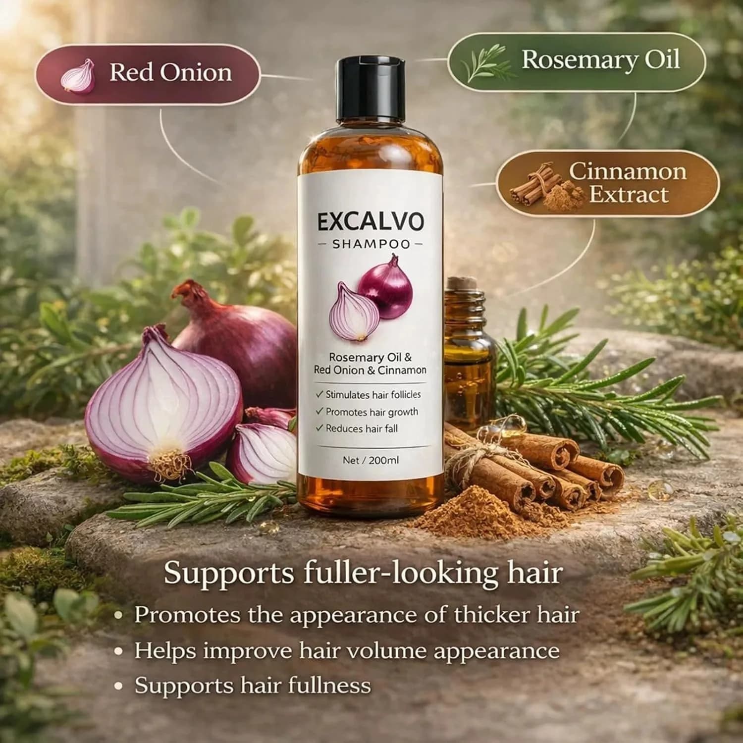Shampoo à l'oignon et au romarin Excalvo 200 ml pour hommes, shampooing anti-chute de cheveux avec huile de cannelle, renforce les racines et stimule la densité des cheveux