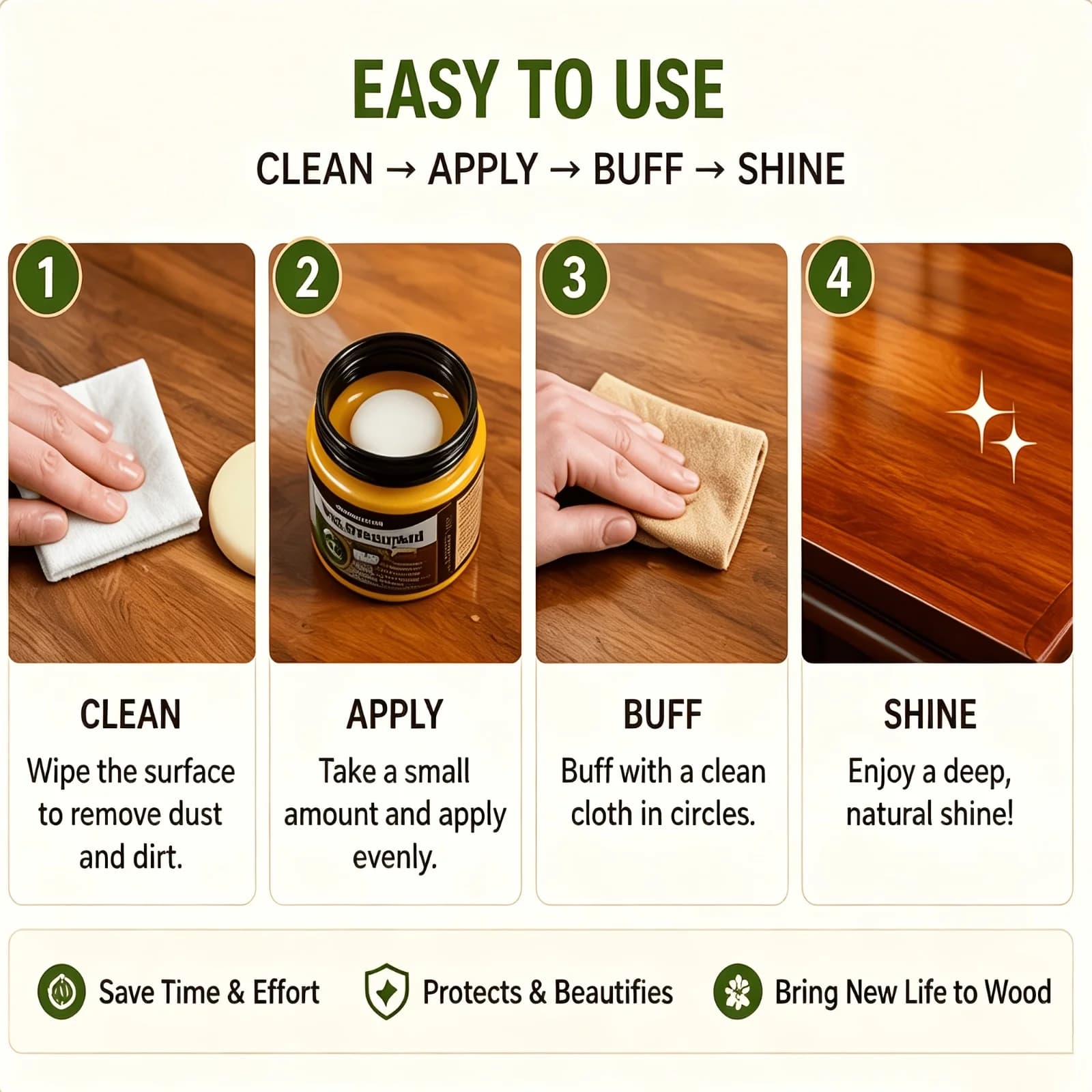 Huile de cire pour bois 2,71 oz, multi-usages, à base de cire d'abeille, pour lustrer et redonner de la couleur aux meubles, armoires et sols.