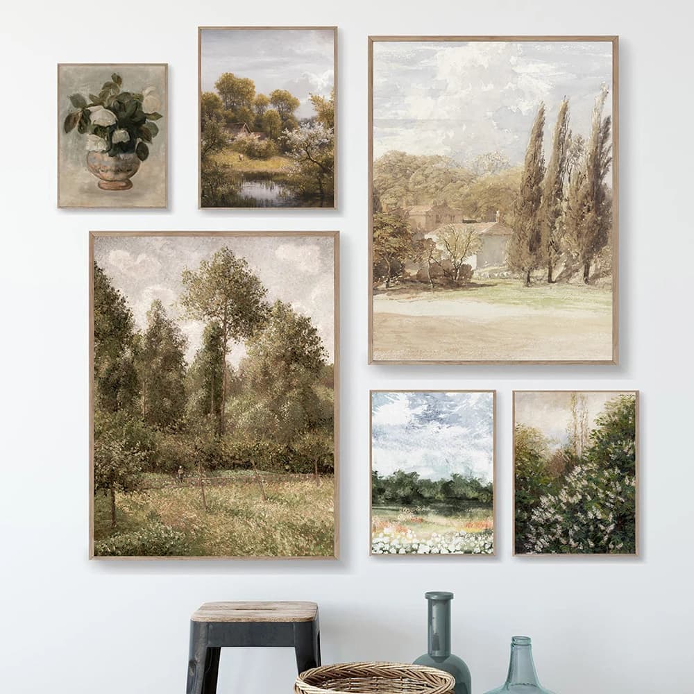 Peinture à l'huile de paysage Vintage d'été, affiches d'arbre de ferme, toile d'art de champ de fleurs imprimées, décor mural de galerie de pays