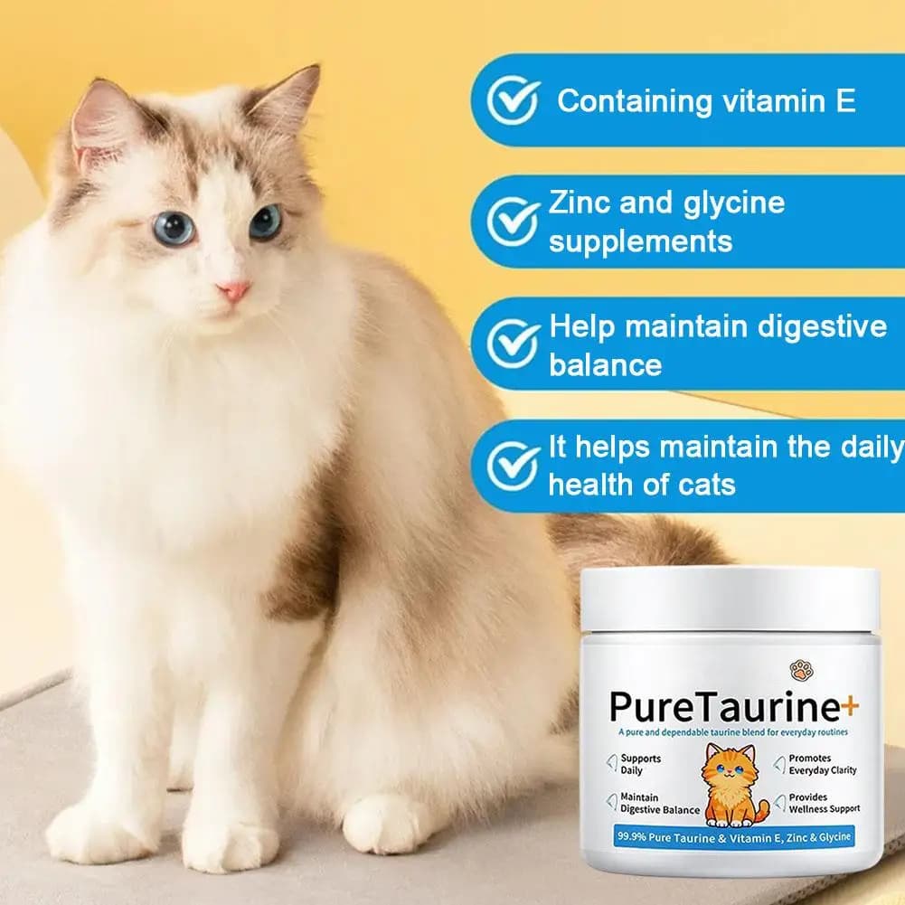 Complément alimentaire en poudre de taurine pour chats, 200 g, riche en taurine pure à 99,9 % pour aider à améliorer la santé des chats et favoriser l'équilibre digestif