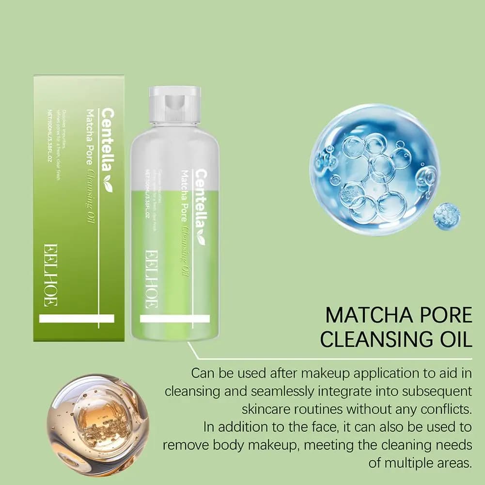 Huile nettoyante au matcha 100ml, démaquillant doux et non irritant, nettoie le fond de teint et les fards à paupières
