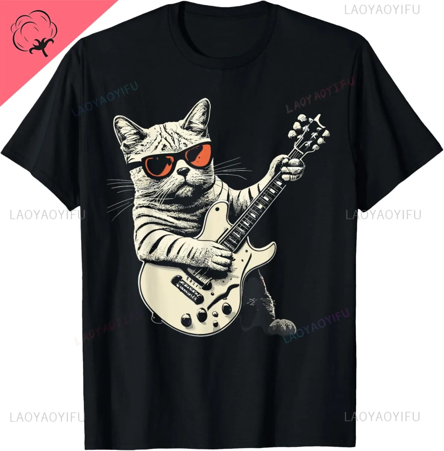 Chat jouant de la guitare Rock Star Rock and Roll pour hommes femmes T-Shirt imprimé conception originale cadeaux t-shirts Camiseta Hombre