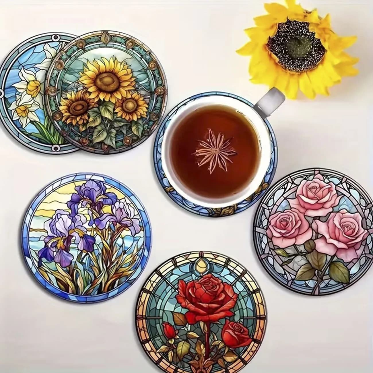 Ensemble de 8 dessous-de-verre en bois à thème floral, dessous-de-verre en bois composite rond et durable pour la protection du bureau