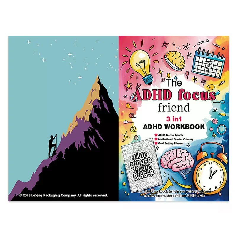 Le cahier d'exercices 3 en 1 pour le TDAH Focus Friend, planificateur d'objectifs de santé mentale avec activités et illustrations, livre de coloriage pour adultes