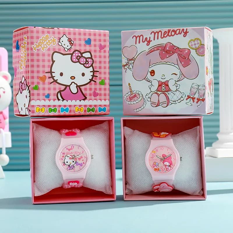 3D Hello Kitty enfants montres avec boîte cannelle Kuromi mélodie filles montre Anime figurines modèle jouets enfant horloge cadeau