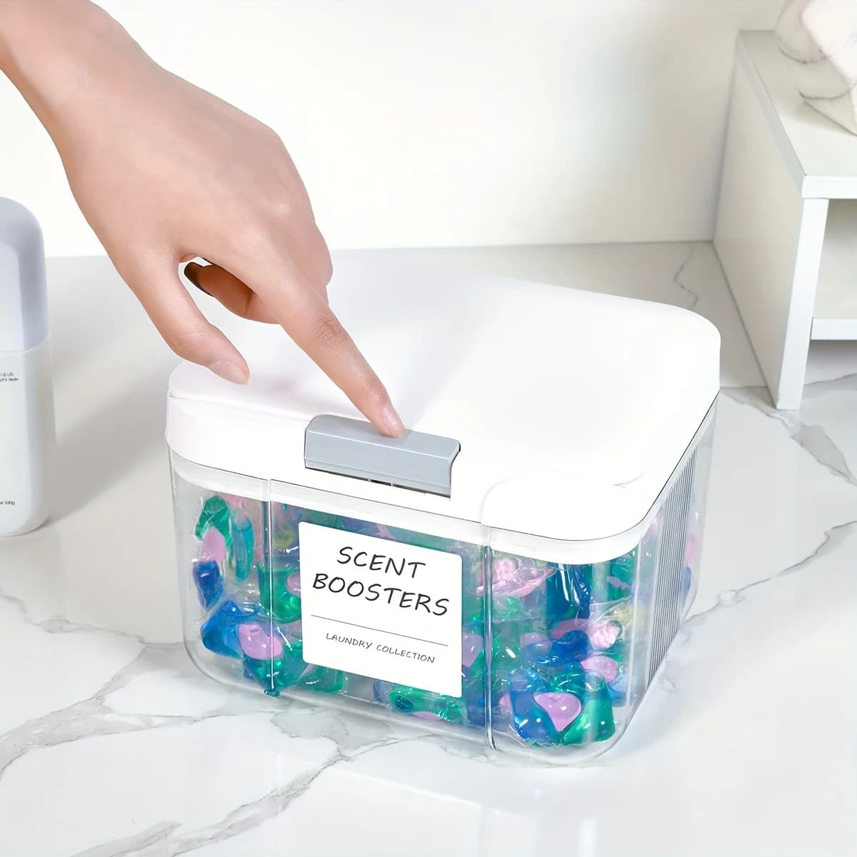 Porte-dosette à linge avec couvercle, conteneur de dosettes à linge, pop-up scellé et automatique, grande capacité, boîte de rangement pour dosettes de linge