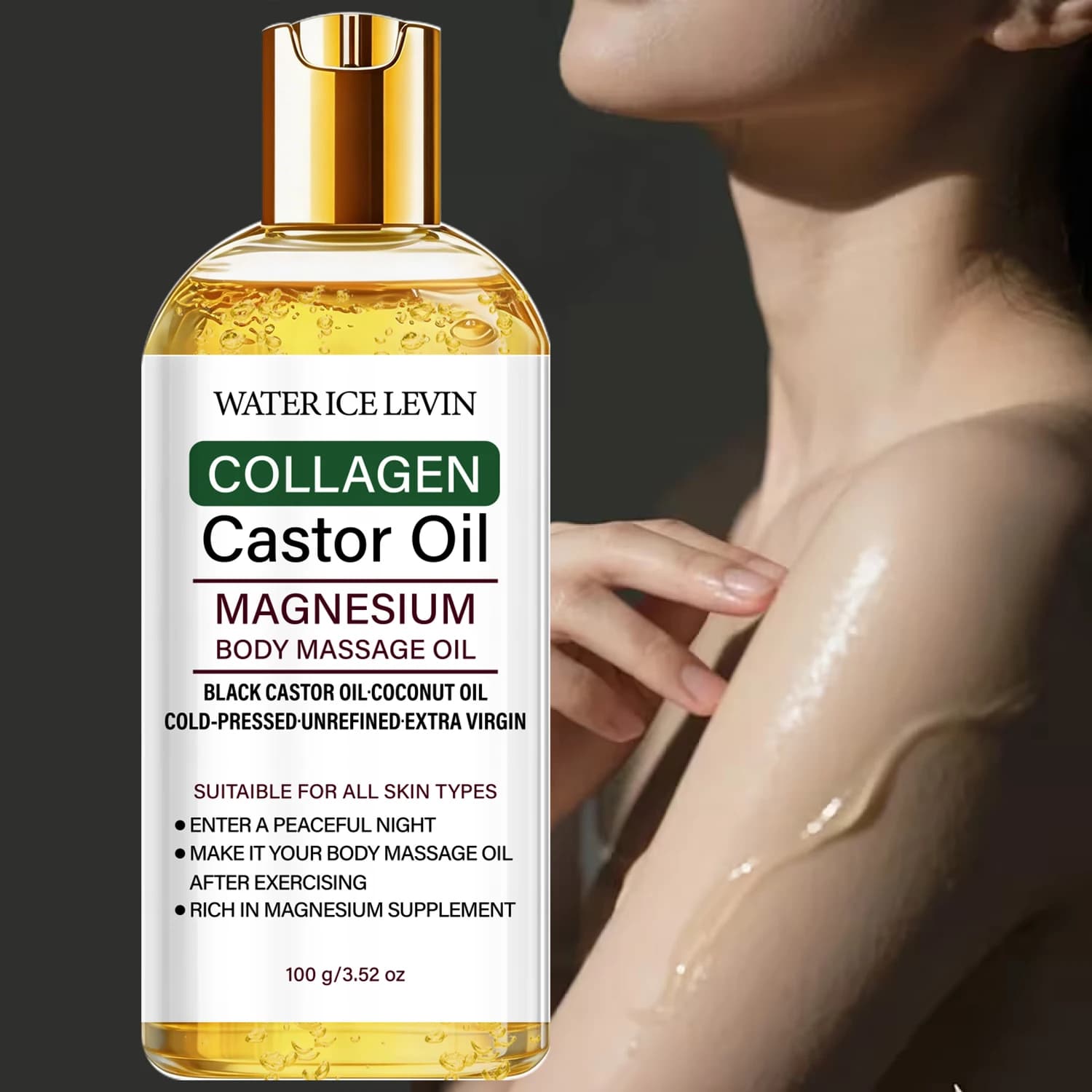 Huile de ricin pressée à froid pour massage corporel avec collagène et magnésium, soin hydratant