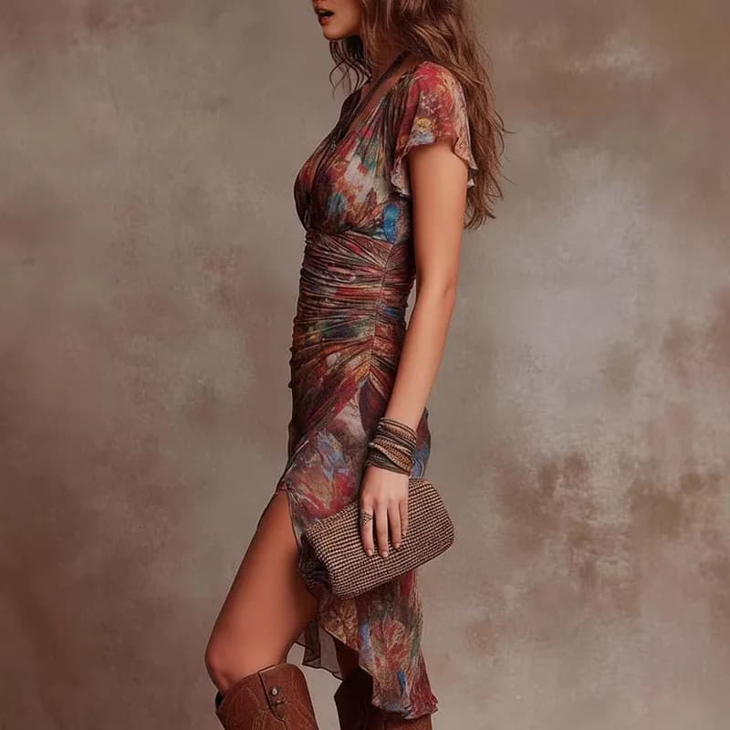 Robe de soirée courte à imprimé floral, sexy, col en V profond, pour femme, avec volants, taille froncée et ourlet asymétrique fendu, idéale pour l'été