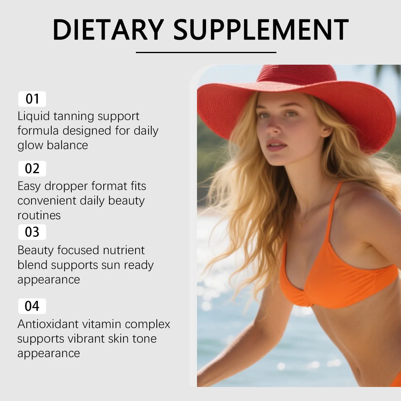 Gouttes autobronzantes buvables saveur pastèque pour booster la mélanine et obtenir un éclat bronzé naturel - Complément de bronzage