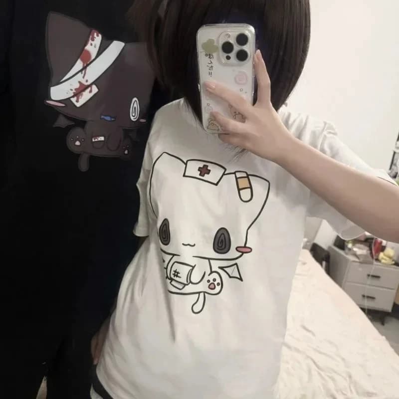 Femmes t-shirts dessin animé imprimé drôle Couple doux à manches courtes col rond ample Y2k Harajuku hauts femme t-shirt style décontracté