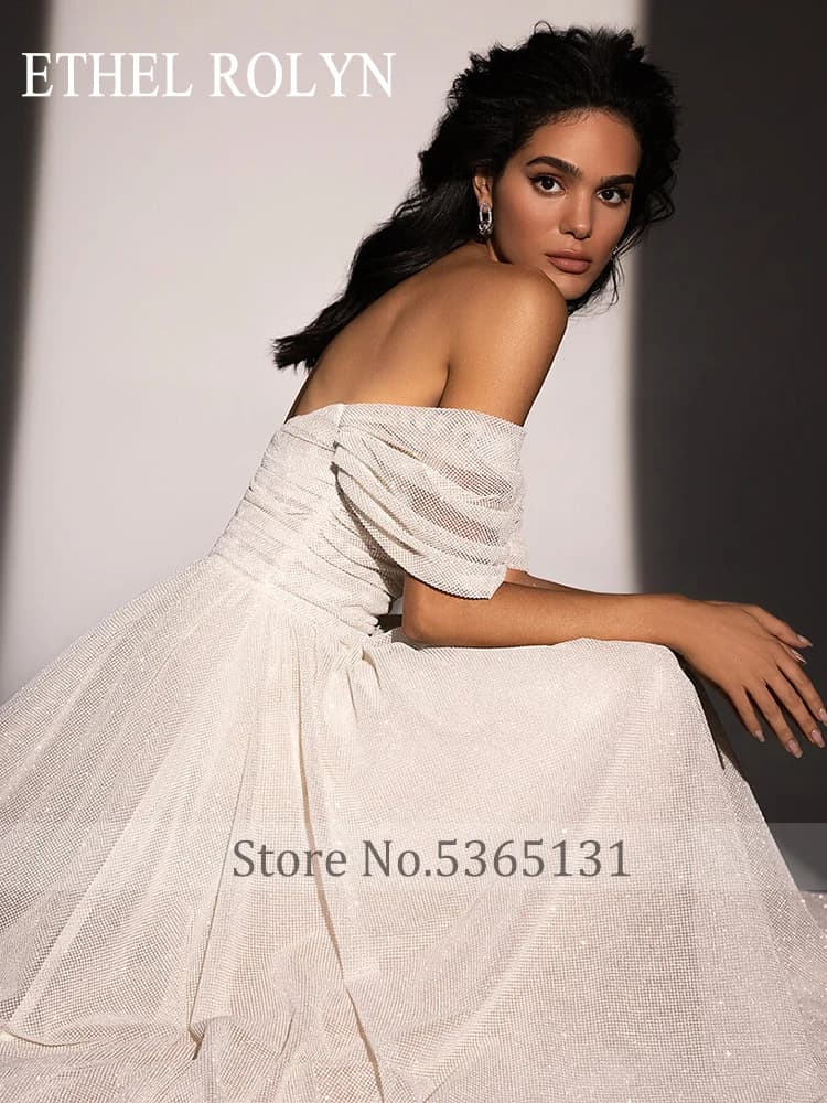 ETHEL ROLYN robes De mariée trapèze pour femmes brillant hors De l'épaule col bateau brosse Train robe De mariée robes De Novia