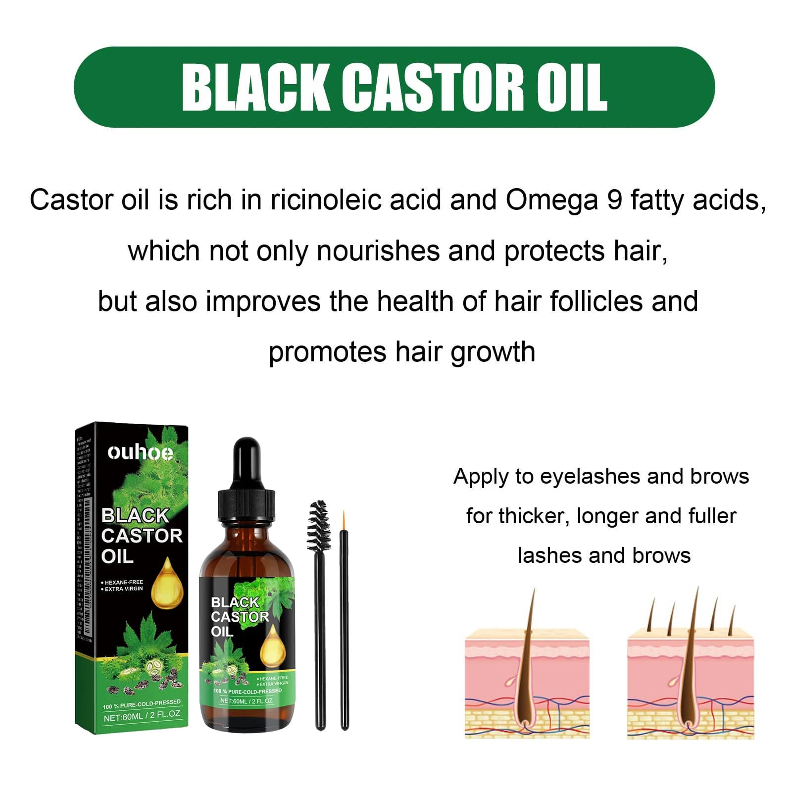 Huile de ricin noire pour la croissance des cheveux, des sourcils et des cils, traitement du cuir chevelu, anti-chute, renforcement, réparation, produits nourrissants pour les soins des cheveux