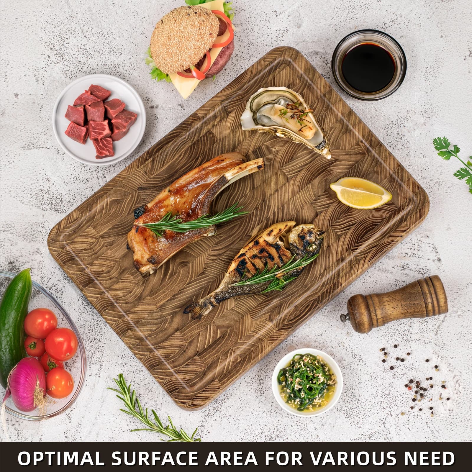 Planche à découper en teck de grain d'extrémité pour la cuisine, bois durable avec rainures de jus, poignées pré-huilées et faciles à saisir