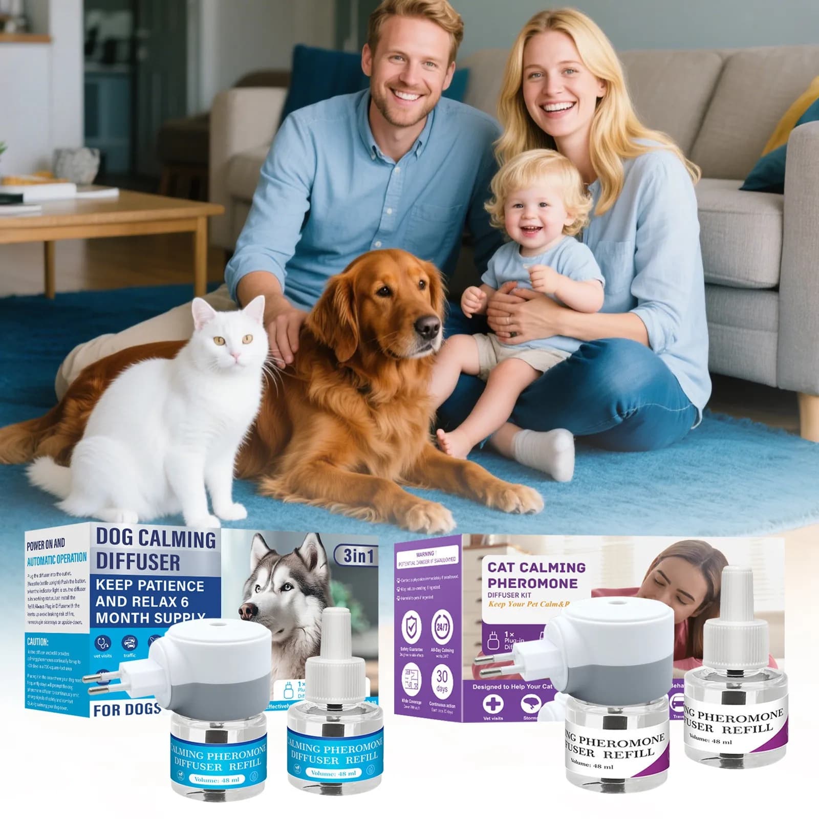 Diffuseur apaisant pour animaux de compagnie avec 2 liquides apaisants 3 en 1, phéromones pour animaux de compagnie, soulagement du stress, réduction de l'anxiété, réduction de l'agressivité, aboiemen