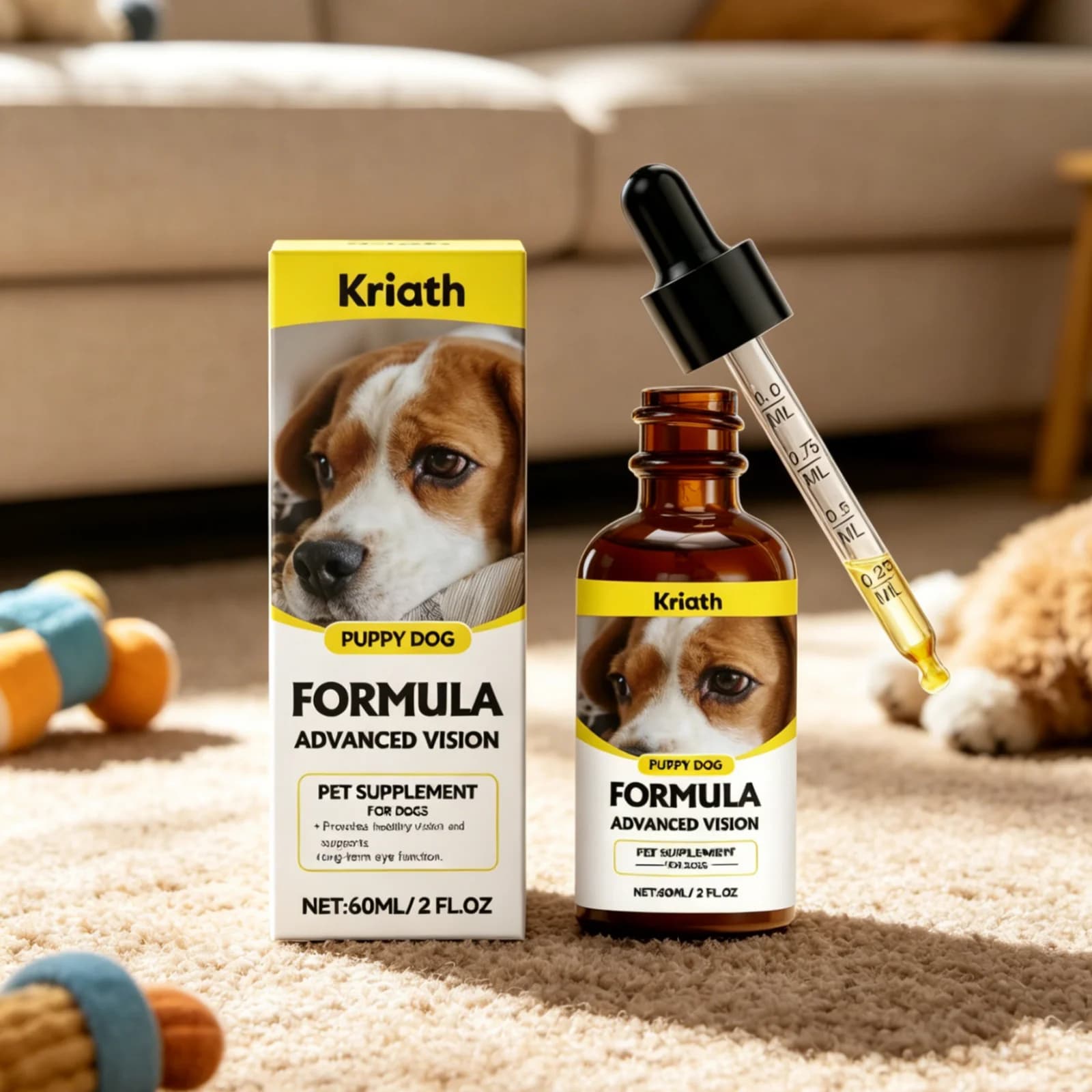 Compléments pour les yeux des chiens Kriath, protection des yeux canins, maintien de la santé, amélioration de l'absorption des nutriments, soutien de la vision des chiens, gouttes 60 ml