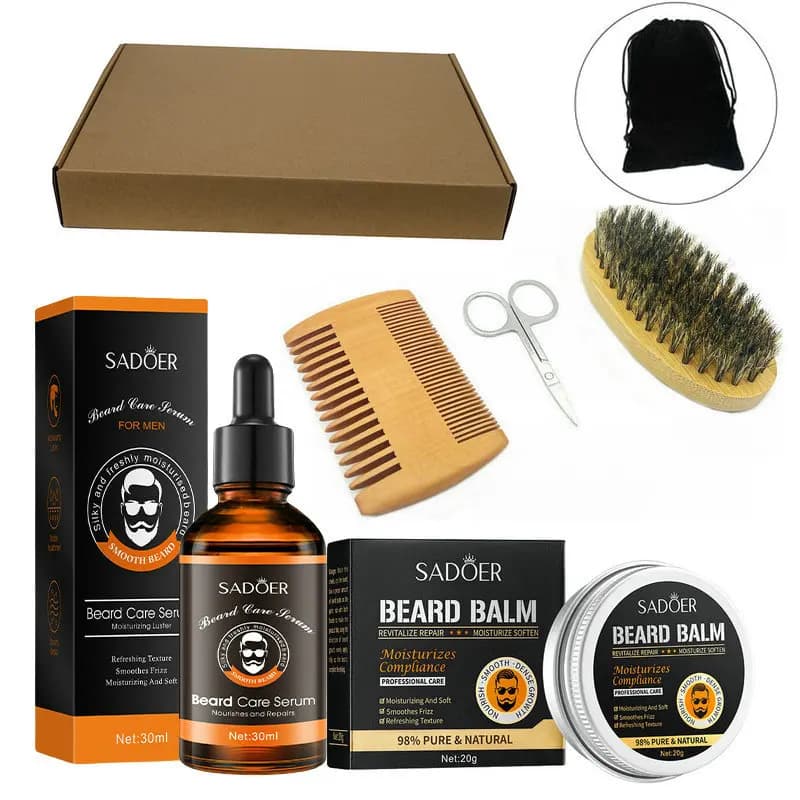 Kit de croissance de barbe pour hommes, rehausseur de cheveux, huile essentielle, cire hydratante, rouleau de croissance, peigne, ciseaux de coiffure, soins de la barbe