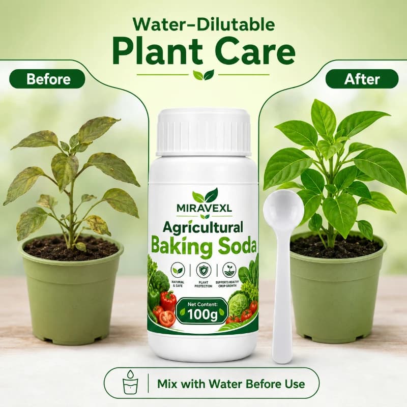 MIRAVEXL Bicarbonate de soude agricole 100g – Poudre dilutable dans l'eau pour l'entretien des plantes, pour usage domestique et jardin, plantes en pot, pelle incluse
