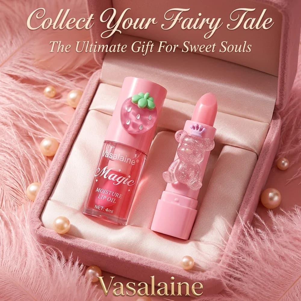 Ensemble d'huile et de baume à lèvres hydratants magiques, nourrissants, non collants, finition brillante, produits pour les lèvres mignons en forme d'ours et de fraise