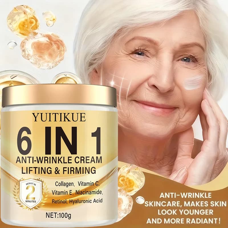 Crème Anti-Rides 6 en 1 : hydrate en profondeur, raffermit la peau, contient des vitamines C et E, au rétinol et à l'acide hyaluronique.