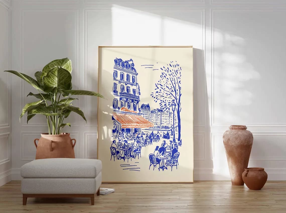 Affiche d'art linéaire sur le thème des cafés de Paris