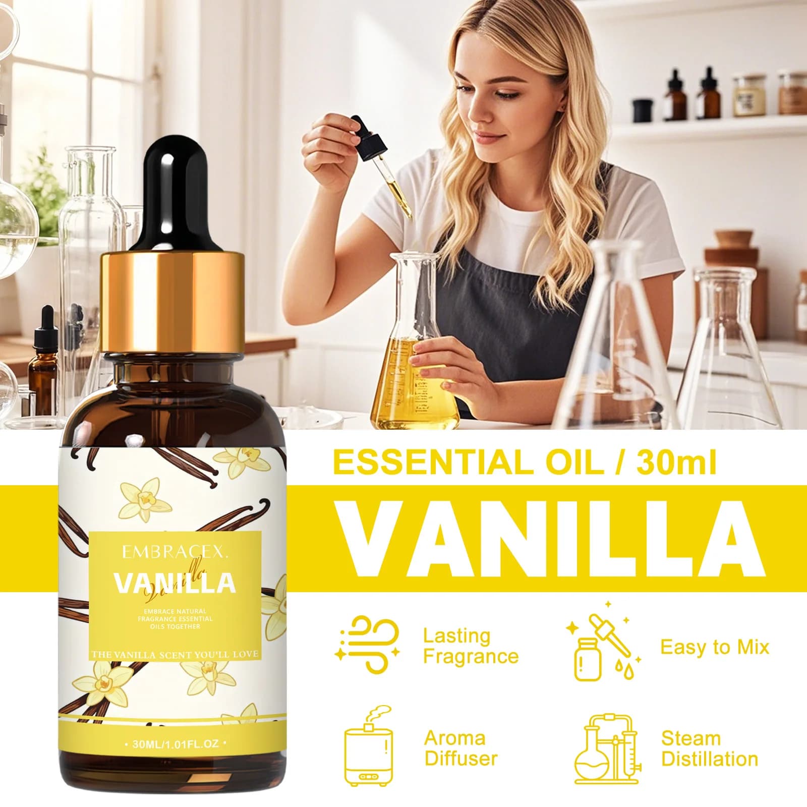 Huile essentielle naturelle de vanille 30 ml pour désodorisant de voiture, projets DIY, fabrication de bougies, parfum longue durée, cadeau pour amis