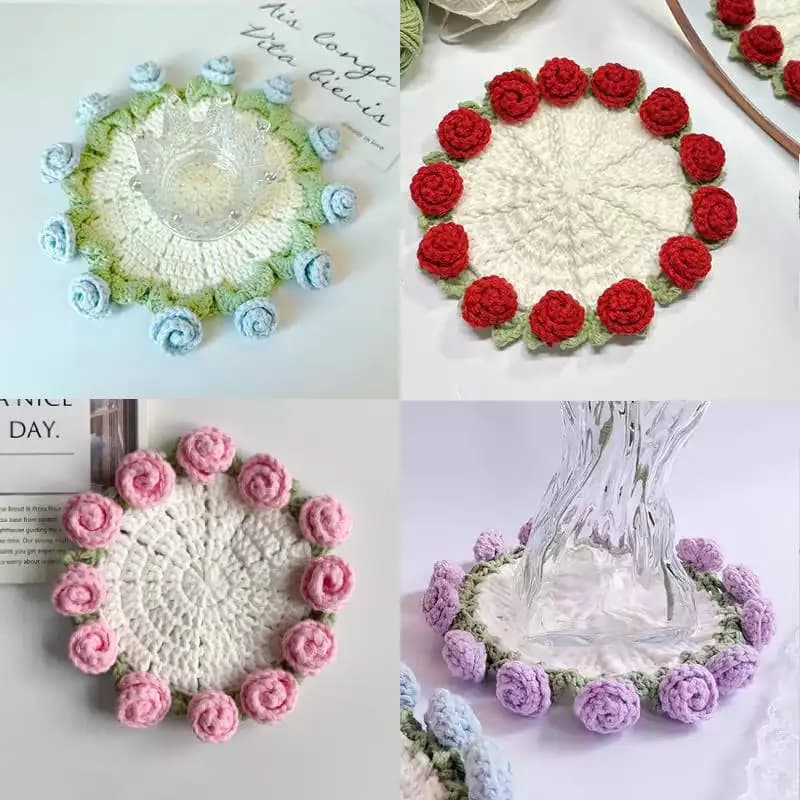 Sous-verres en Crochet de roses avec Pot de plantes