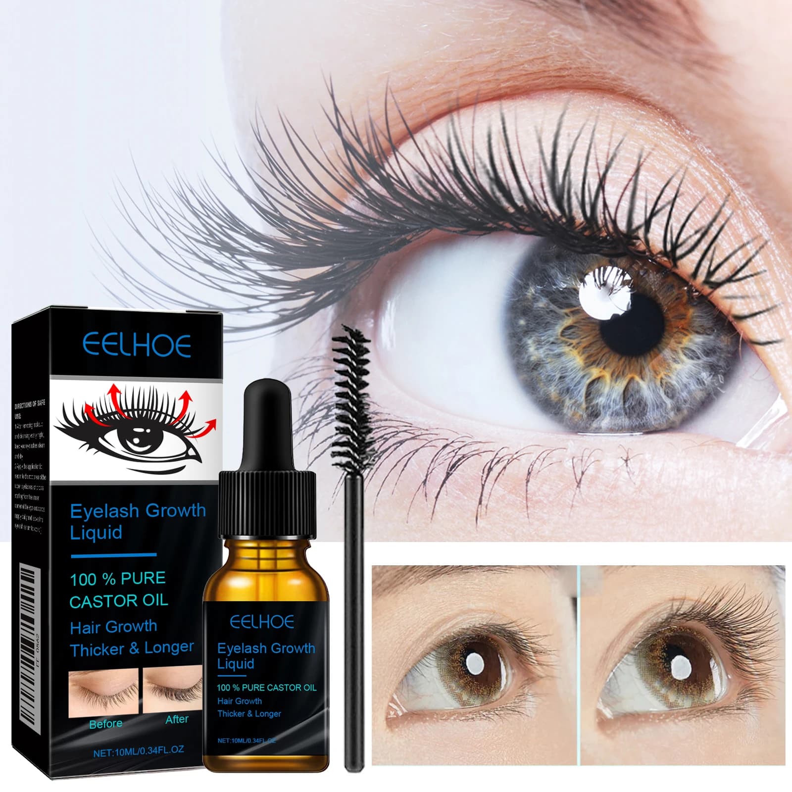 Sérum Liquide de Croissance Naturel pour Sourcils et Cils, à l'Huile de Ricin, pour des Sourcils Épais, Fins et Courbés, et des Cils Allongés, Produit de Maquillage Féminin