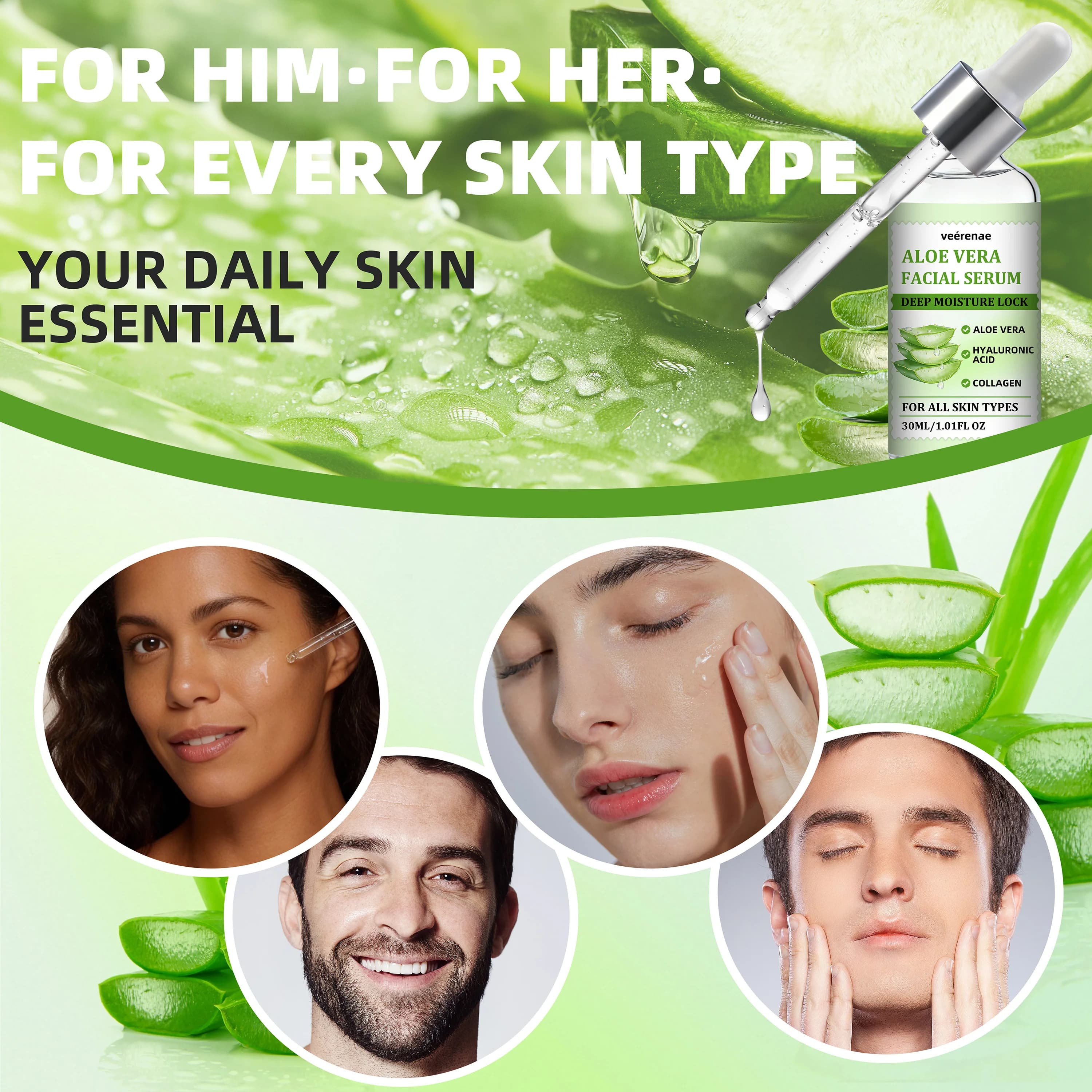 veérenae ALOE VERA FACIAL SERUM - Hydratant et apaisant, sans huile, à absorption rapide et non gras, idéal pour les soins quotidiens de la peau