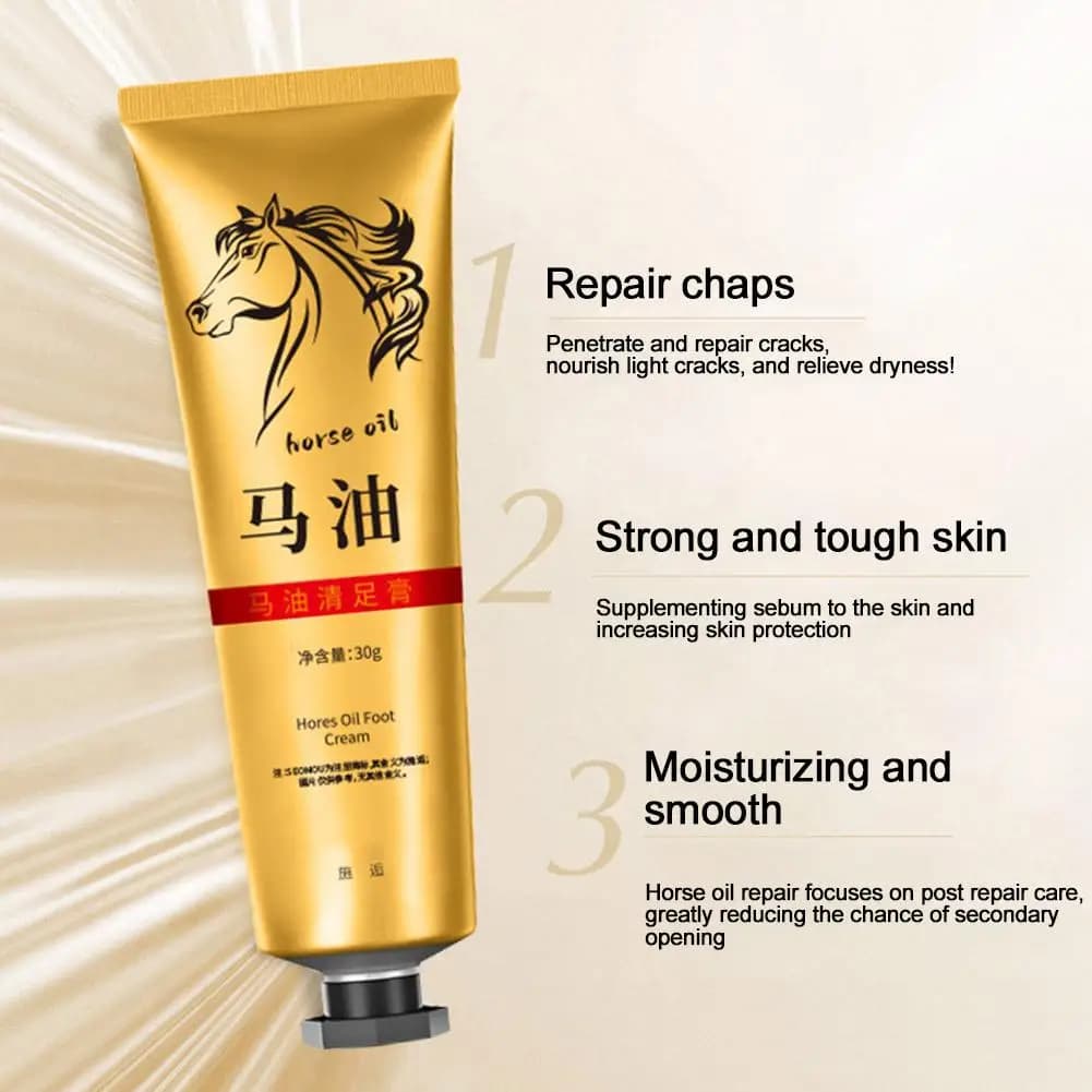 Crème Premium Hydratante à l'Huile de Cheval pour Mains et Pieds – Soin Réparateur pour Peaux Sèches et Gercées – Adoucit la Peau