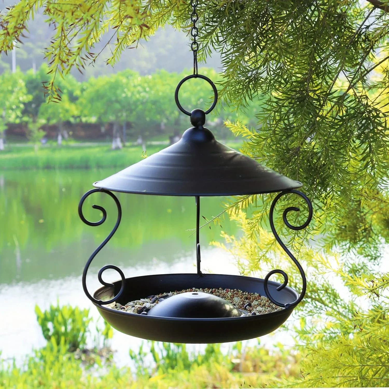 Mangeoire à oiseaux suspendue noire élégante – Décor de jardin en métal durable