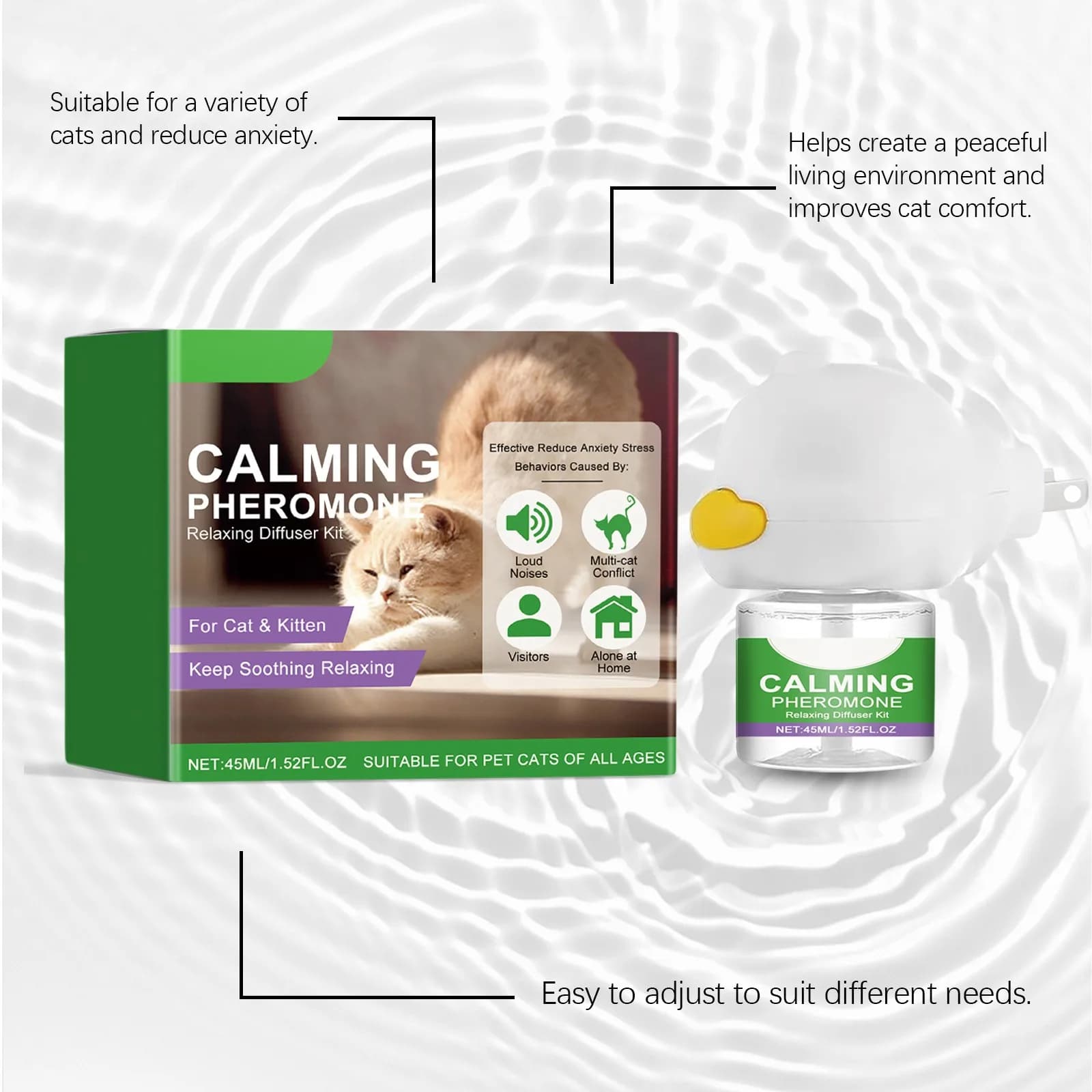 Diffuseur apaisant au phéromone pour chat, 45ML, soulage efficacement l'anxiété, le Stress, apaisant sans Irritation, ingrédients doux