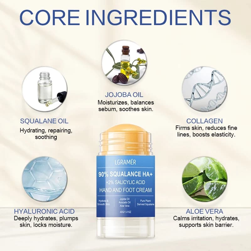 Crème pour les pieds à 90 % de squalane et 2 % d'acide salicylique, crème hydratante pour les mains et les pieds, pour peaux sèches, renforce et améliore la sécheresse et la rugosité
