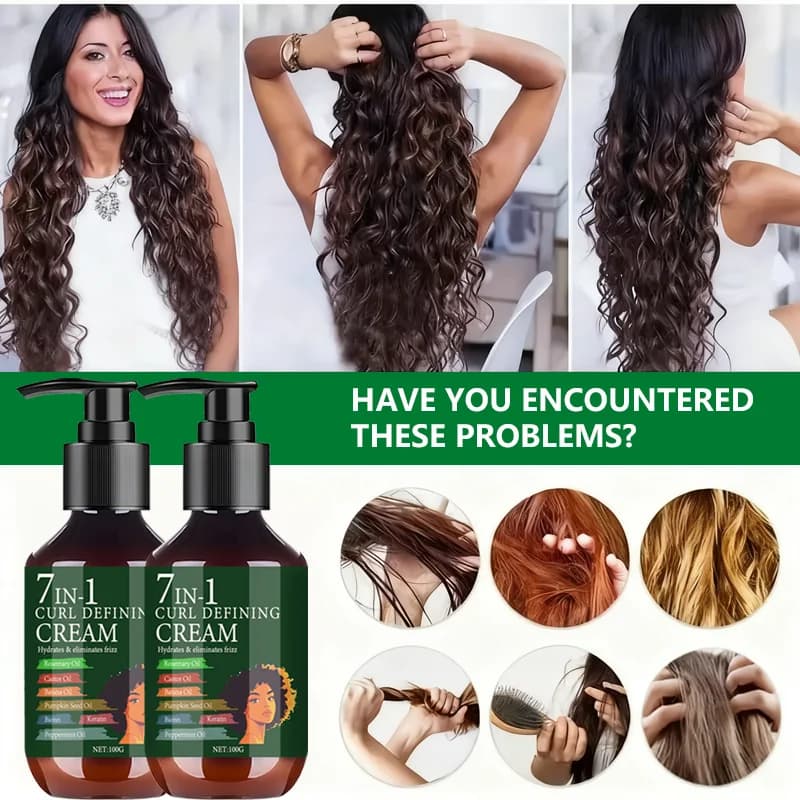 Crème définiuse de boucles 7 en 1 à l'huile de romarin et de ricin – Hydrate et élimine les frisottis pour des boucles définies et rebondissantes