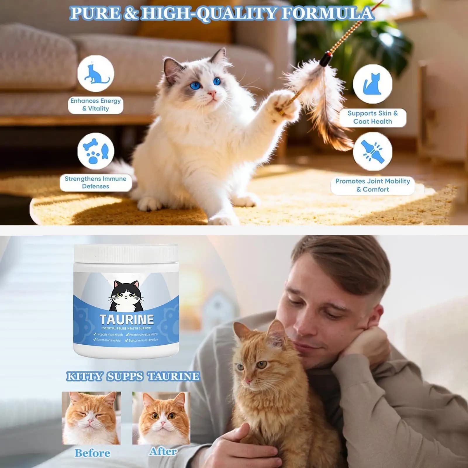 Compléments pour chats : Poudre hydrosoluble pour la santé oculaire et compléments cardiaques à mélanger dans la nourriture, pour l'entretien quotidien des chatons et des chats seniors, à la maison et