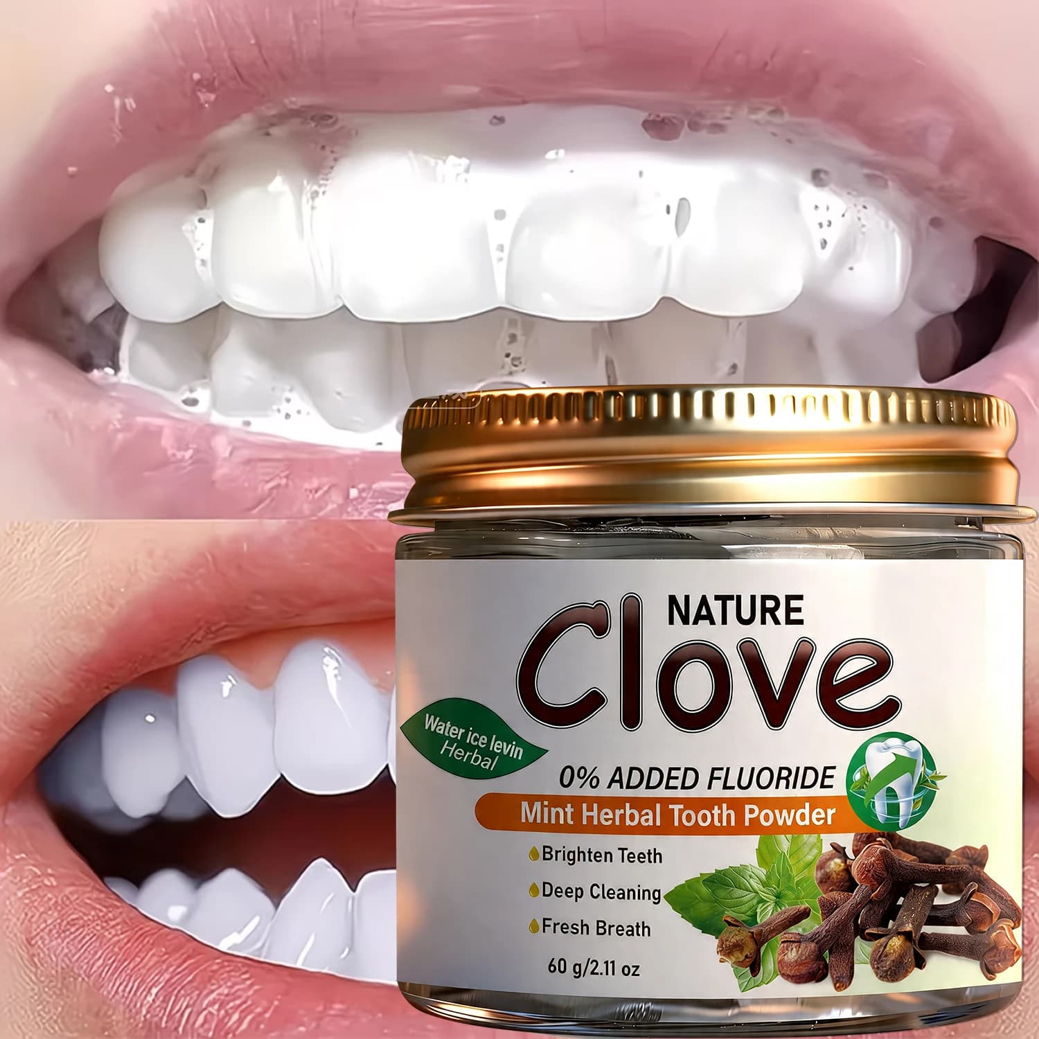 Poudre dentifrice sans fluor au clou de girofle et à la menthe - Formule naturelle à base de plantes pour un nettoyage en profondeur et une haleine fraîche