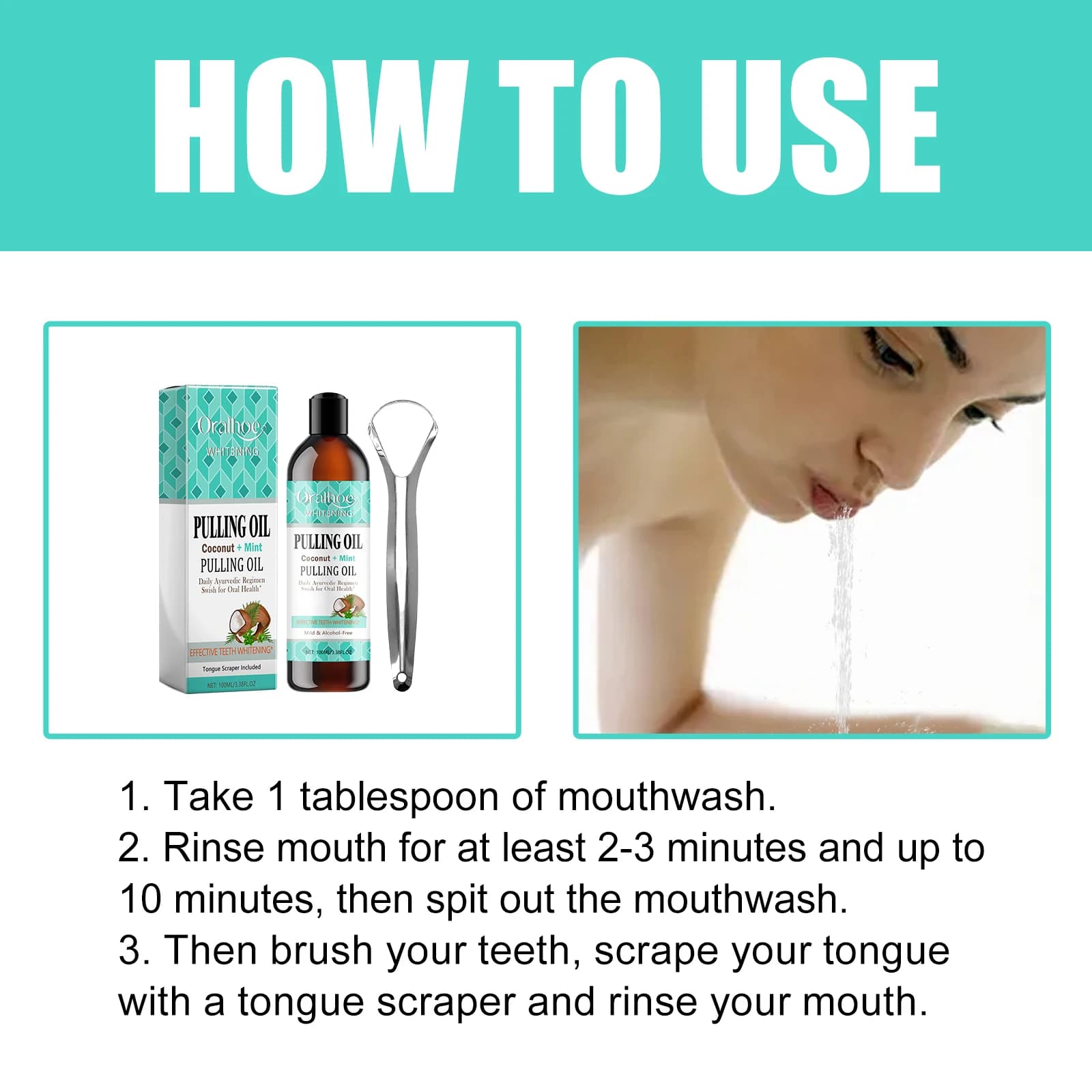 Kit de Bain de Bouche à l'Huile de Coco et Menthe avec Grattoir Lingual – Haleine Fraîche