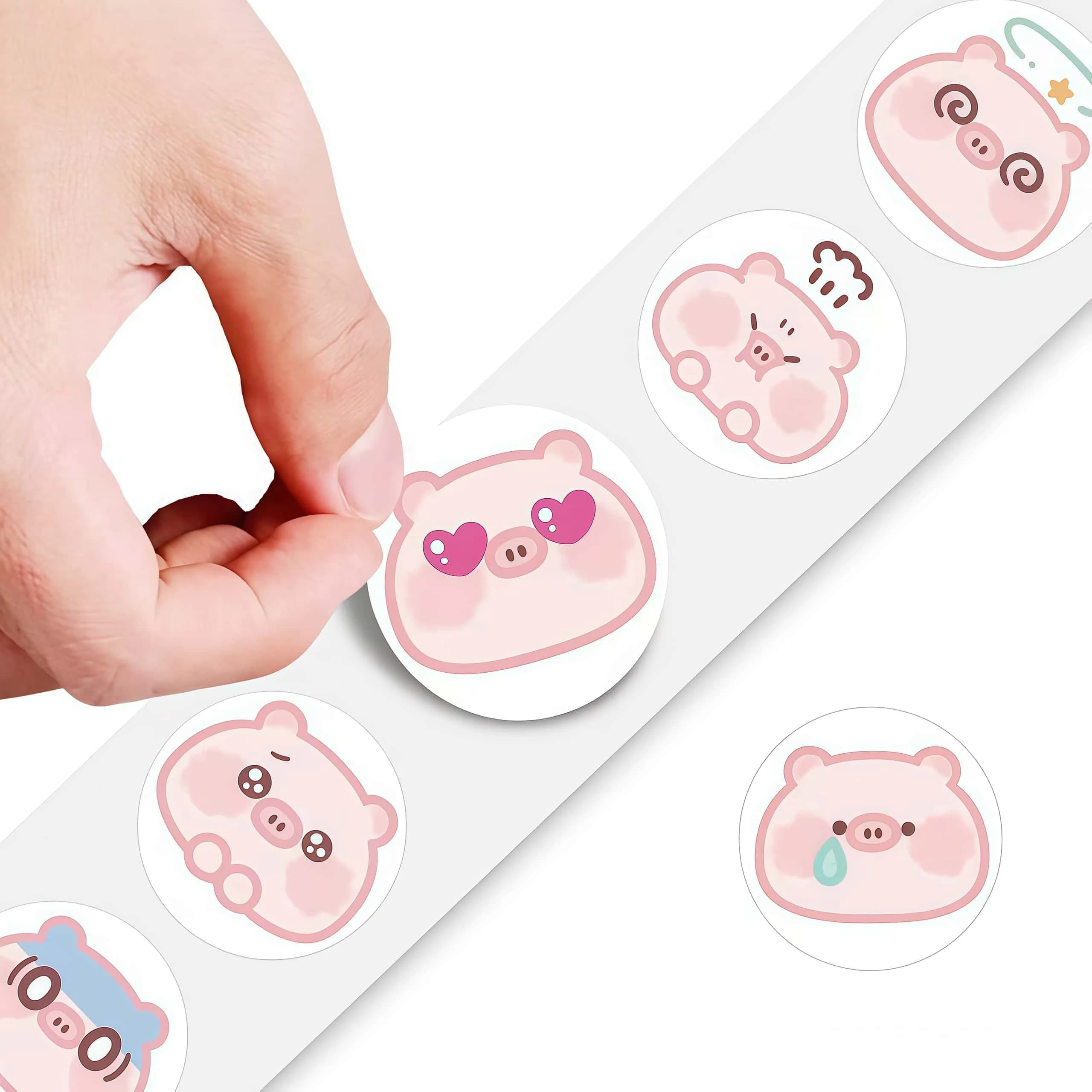 Rouleau d'autocollants cochon rose mignon, 500 pièces, autocollants ronds avec expressions adorables multiples pour la décoration, le bricolage et les cadeaux