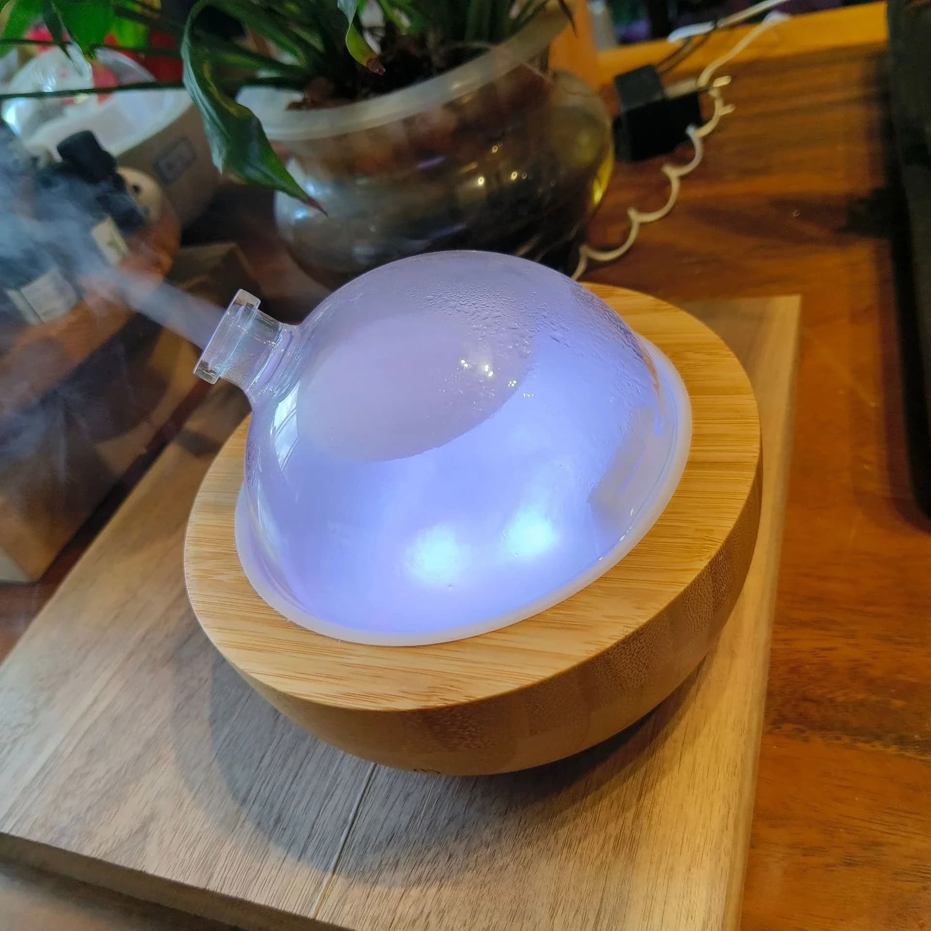 Diffuseur d'huiles essentielles en verre avec base en bois véritable, diffuseur d'aromathérapie à ultrasons, humidificateur en verre breton, lumière LED disponible, 200ml