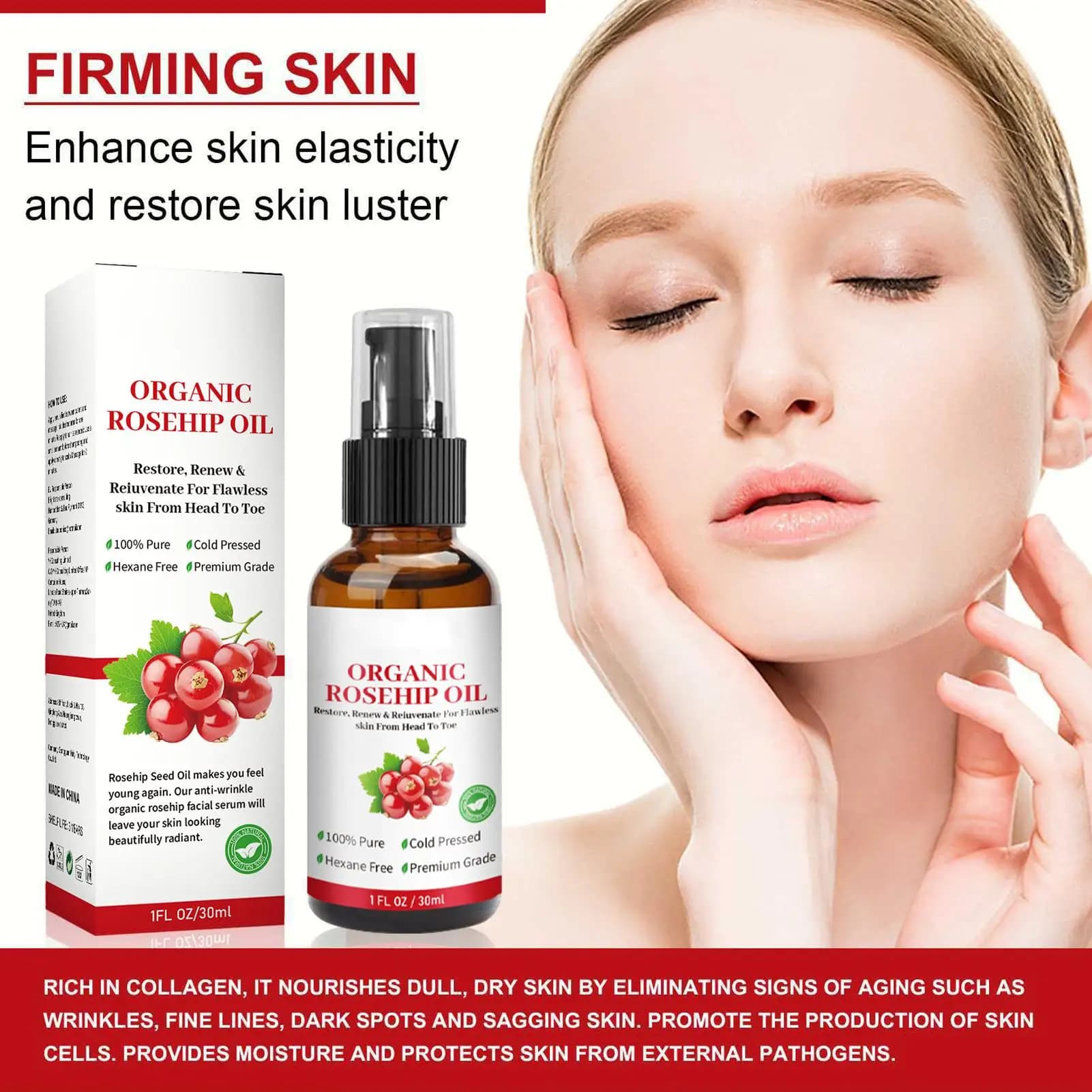 Huile pour le visage à l'huile de rose musquée biologique 30 ml
