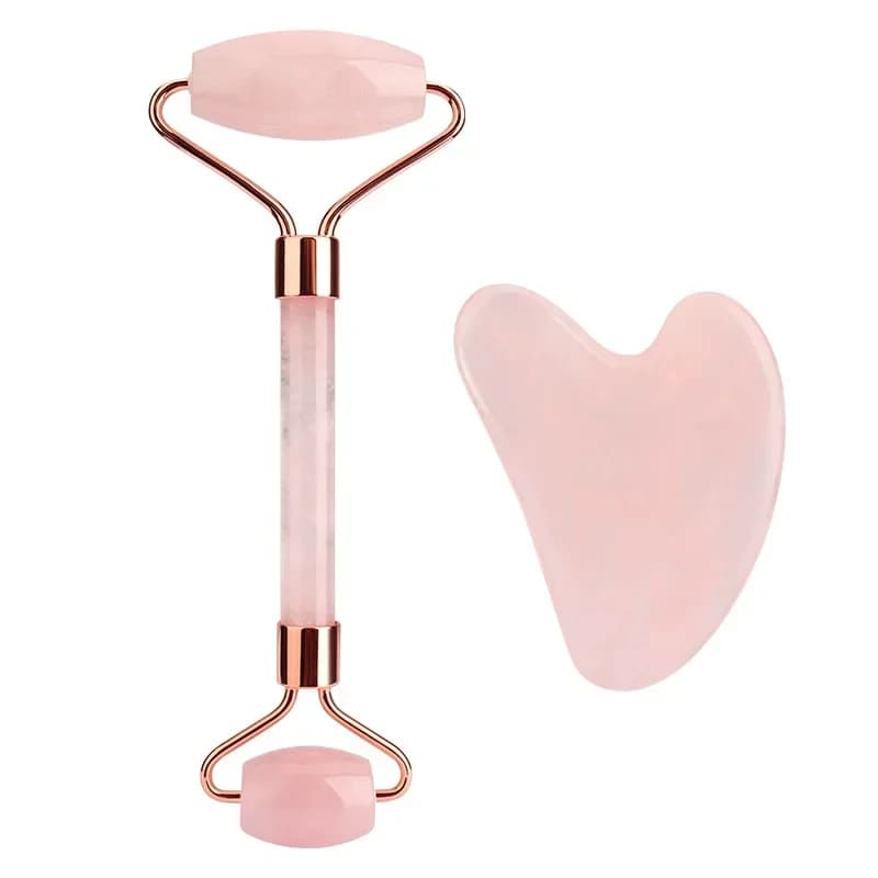 Rouleau de Jade en Quartz Rose naturel et ensemble Gua Sha, masseur pour le visage, lecture de Jade, grattoir en forme de cœur, outil de Massage pour soins de la peau