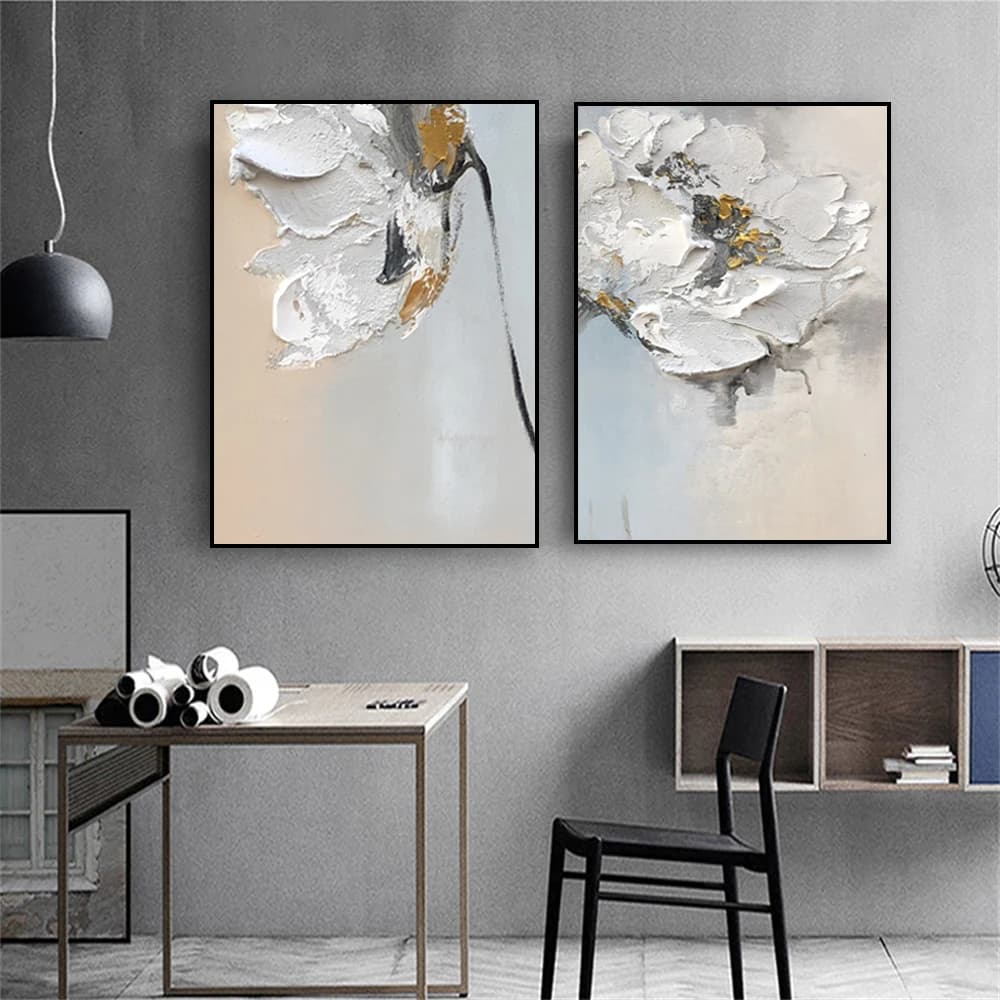 Affiche de peinture à l'huile de fleurs blanches abstraites, art mural texturé floral moderne, impressions de peinture sur toile, décoration de salon à la maison