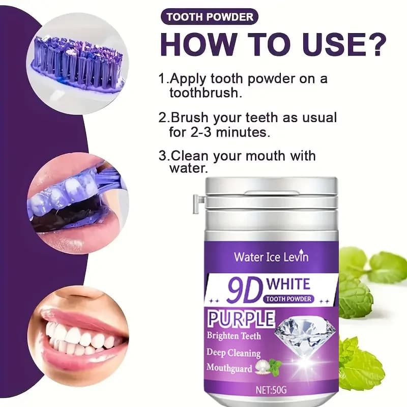Poudre de dent blanche 9D. Formule éclaircissante violette. Appliquer le pinceau 2-3 minutes au quotidien. Whitens nettoie les dents. Souffle frais.