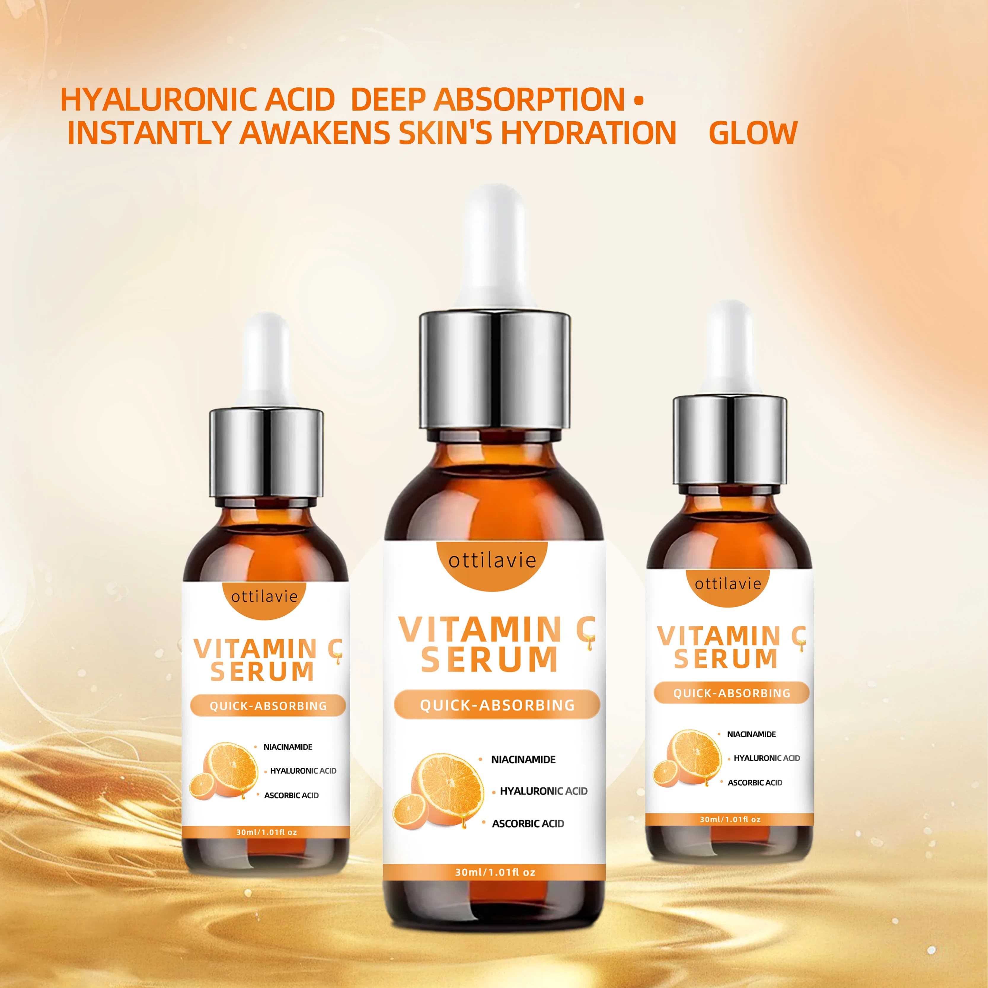Sérum à la vitamine C à l'acide hyaluronique – Absorption rapide, Hydratation en profondeur, Non gras, Nutrition 24 heures pour une peau éclatante instantanée