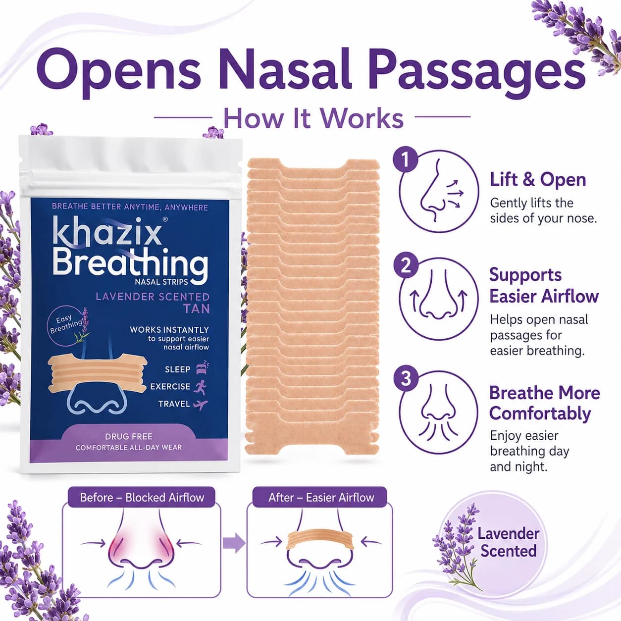 30 Bandes Nasales au Menthol pour une Respiration Facilitée, Bandes Nasales Confortables pour le Sommeil, l'Exercice, les Voyages et l'Usage Quotidien