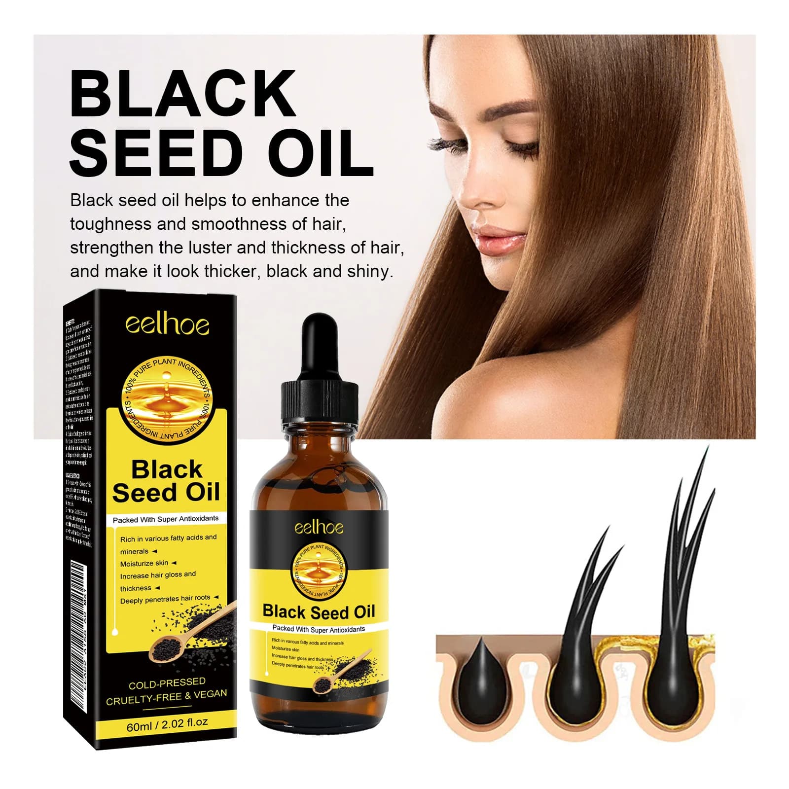 ​ EELHOE huile de graines noires soin du cuir chevelu biologique naturel traitement de la calvitie pour produits de croissance des cheveux endommagés huile Anti-perte de cheveux Dense
