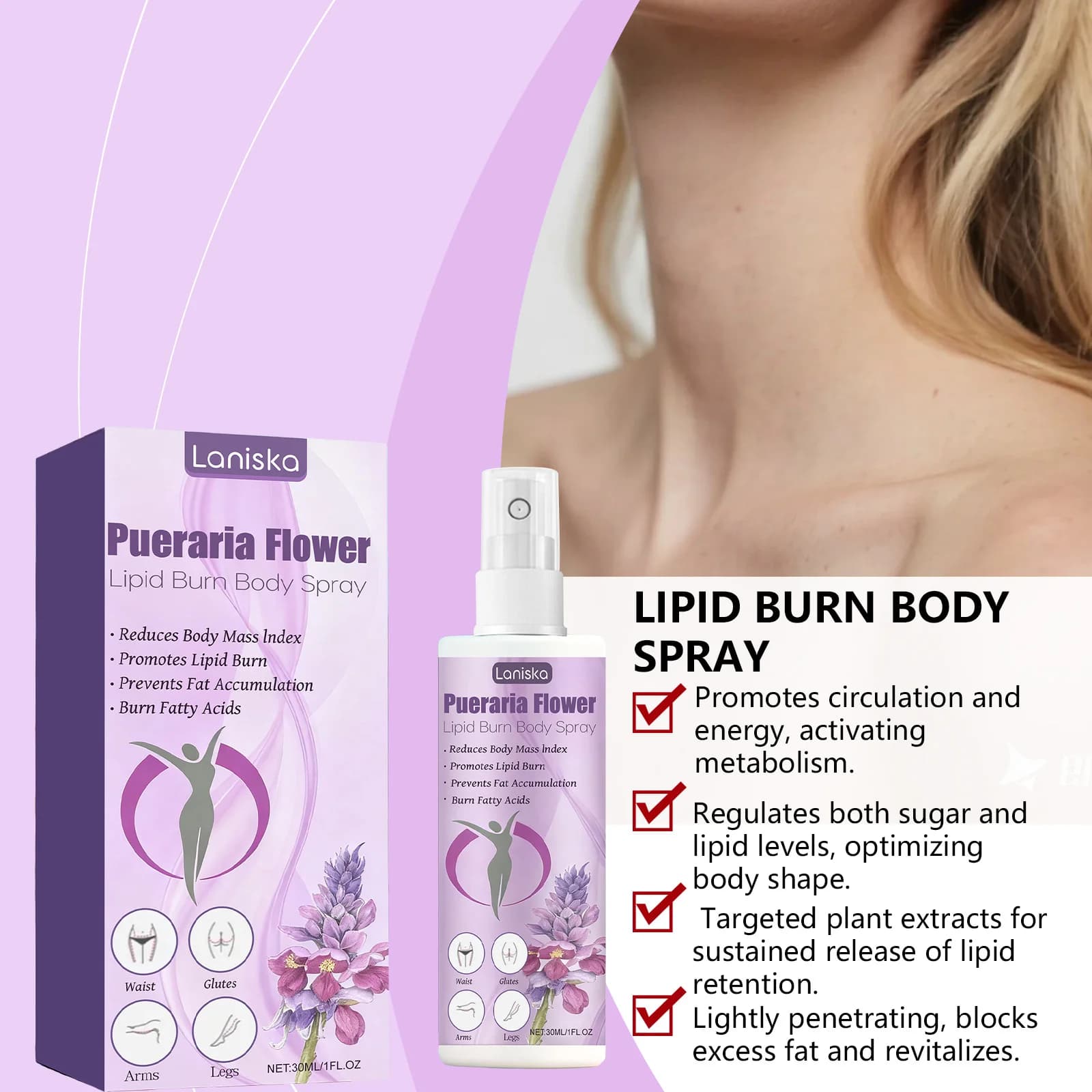 Le spray de soin corporel Pueraria mirifica est non gras, facile à absorber, favorise la circulation sanguine et convient à une utilisation quotidienne.