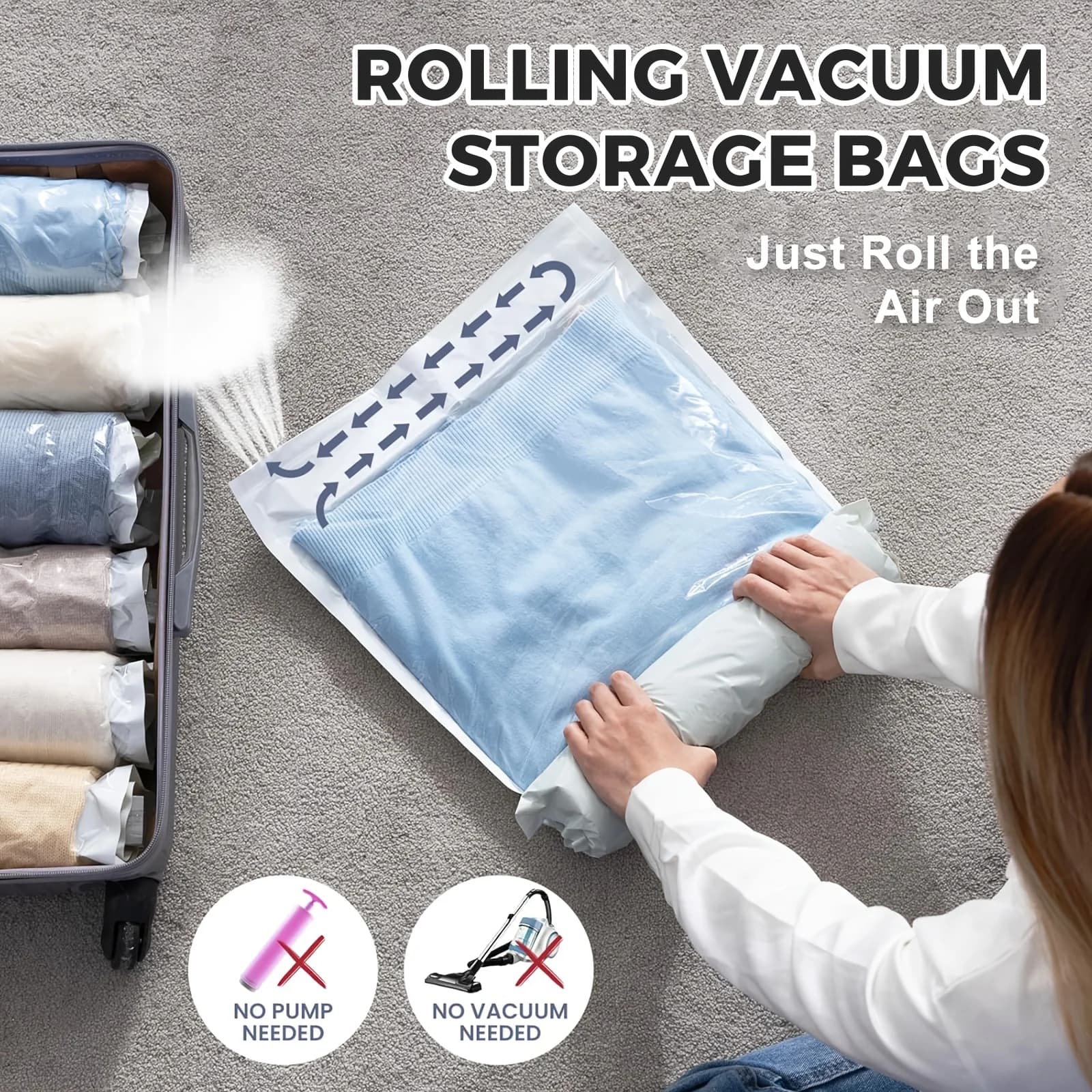Sacs de Compression enroulables, 2 pièces/paquet, sac de rangement sous vide réutilisable pour organisateur de voyage, gain de place dans la valise, aucune pompe requise
