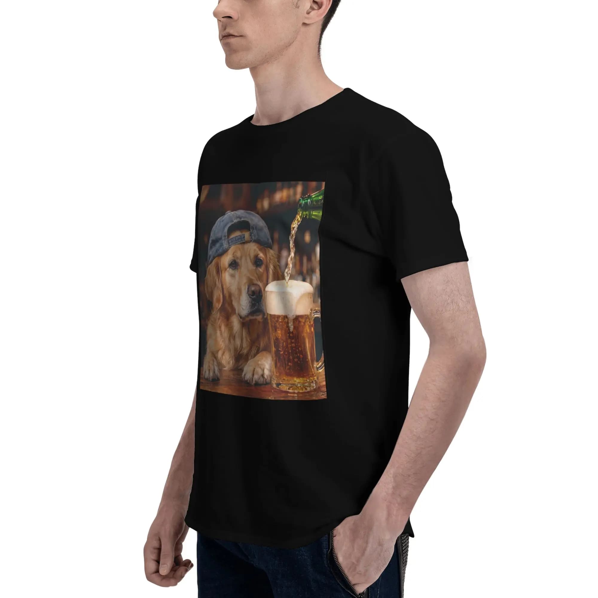 T-shirt en coton imprimé avec motif drôle de chien Border Collie buvant de la bière