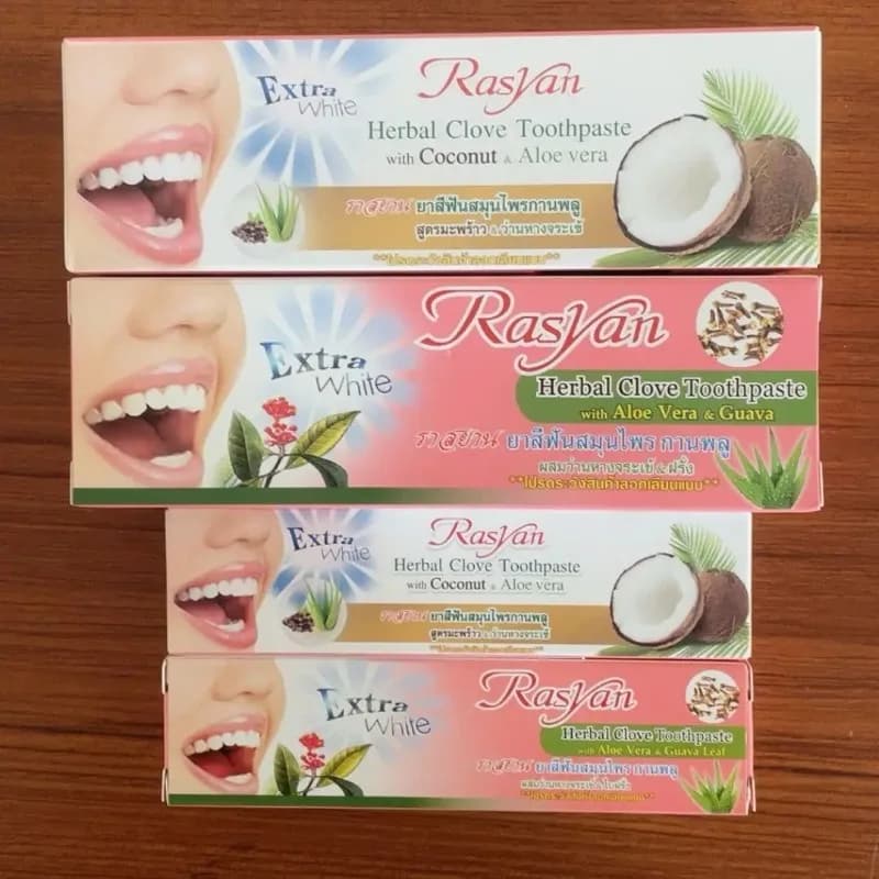 Ensemble dentifrice et poudre dentaire Rasyan de Thaïlande, clou de girofle et huile de coco, élimine efficacement les taches jaunes et la mauvaise haleine